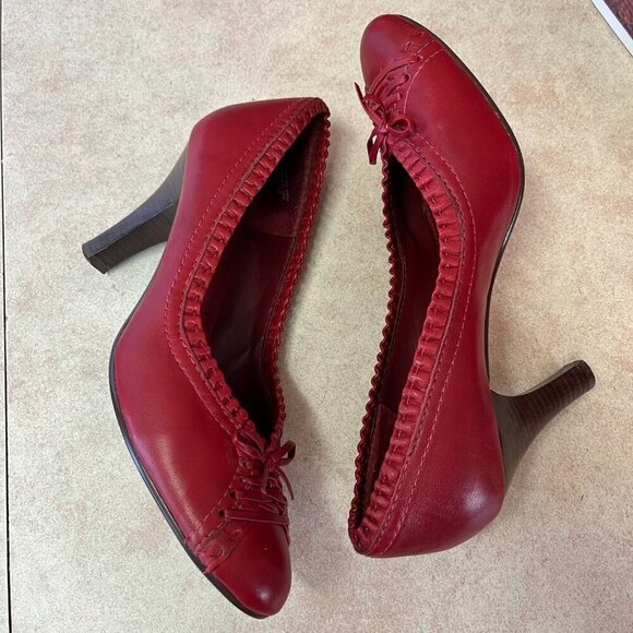 Hilary Radley Red Leather Pumps With Ruffles & Bow - Picture 8 of 16